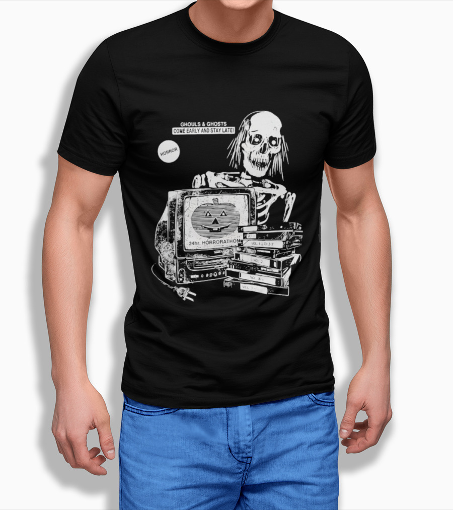 Ghouls And Ghosts 24hr Horrorathon Skeleton With TV And Pumpkin T-Shirt