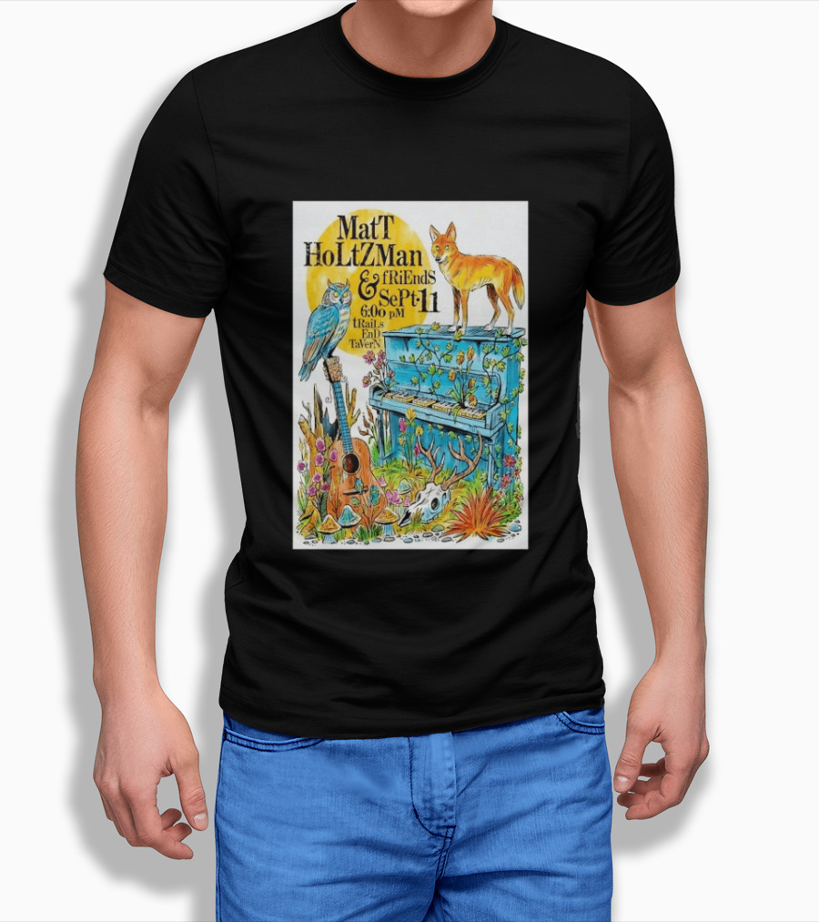 Matt Holtzman And Friends Live Music Event At Trails End Tavern September 11 Featuring Fox And Owl With Guitar And Piano Illustrations T-Shirt