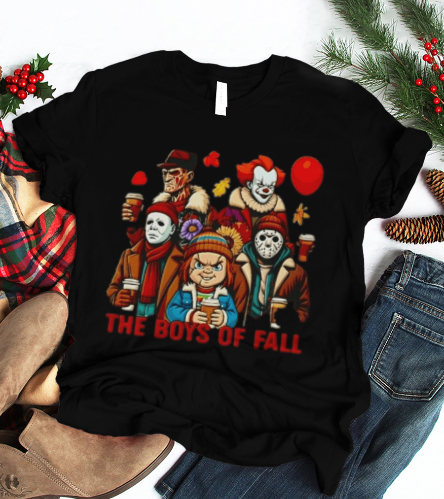 The Boys Of Fall Horror Movie Villains Holding Coffee Autumn Leaves Cartoon Balloons T-Shirt