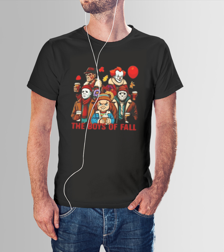 The Boys Of Fall Horror Movie Villains Holding Coffee Autumn Leaves Cartoon Balloons T-Shirt