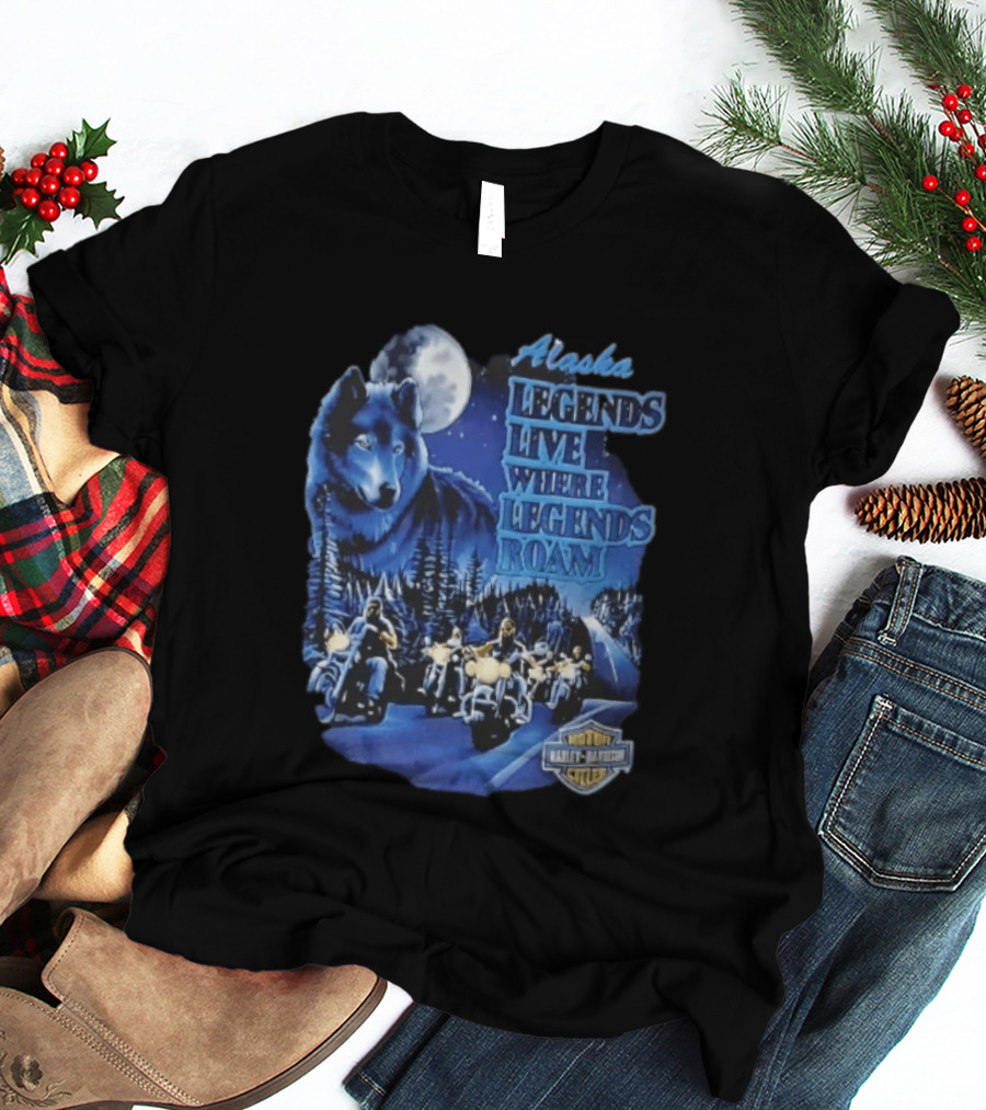 Alaska Legends Live Where Legends Roam Wolf Moon Motorcycles Forest Road T-Shirt