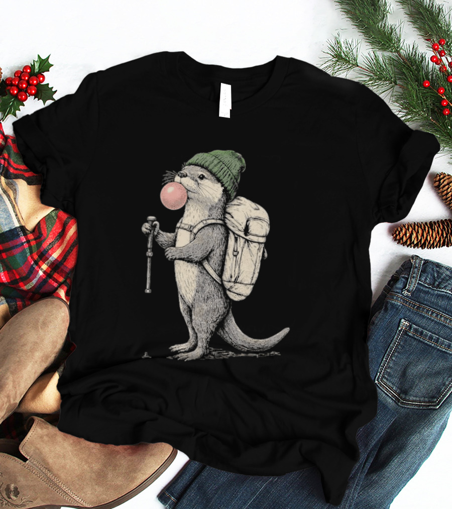 Hiking Otter Backpack Adventure With Bubble Gum T-Shirt