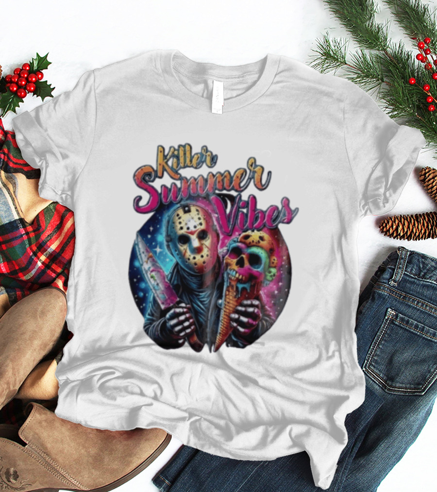 Killer Summer Vibes Hockey Mask Slasher Knife Skull Ice Cream Cone Cosmic T-Shirt