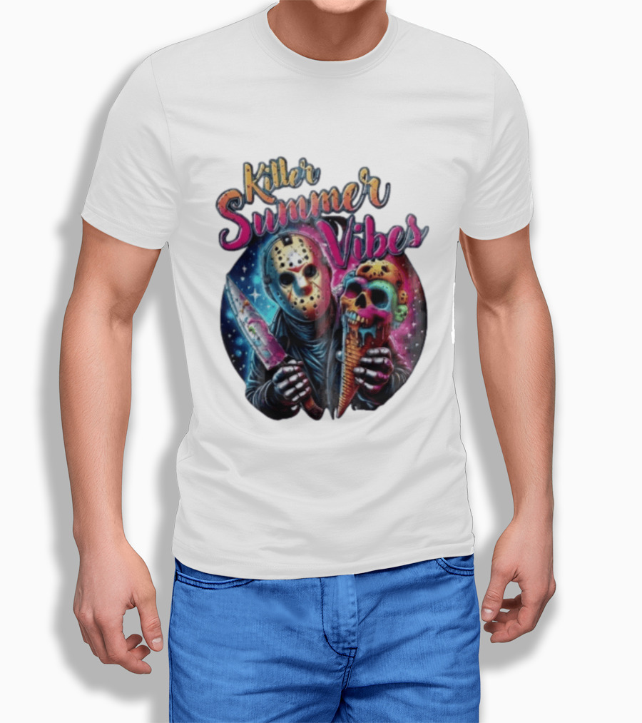 Killer Summer Vibes Hockey Mask Slasher Knife Skull Ice Cream Cone Cosmic T-Shirt