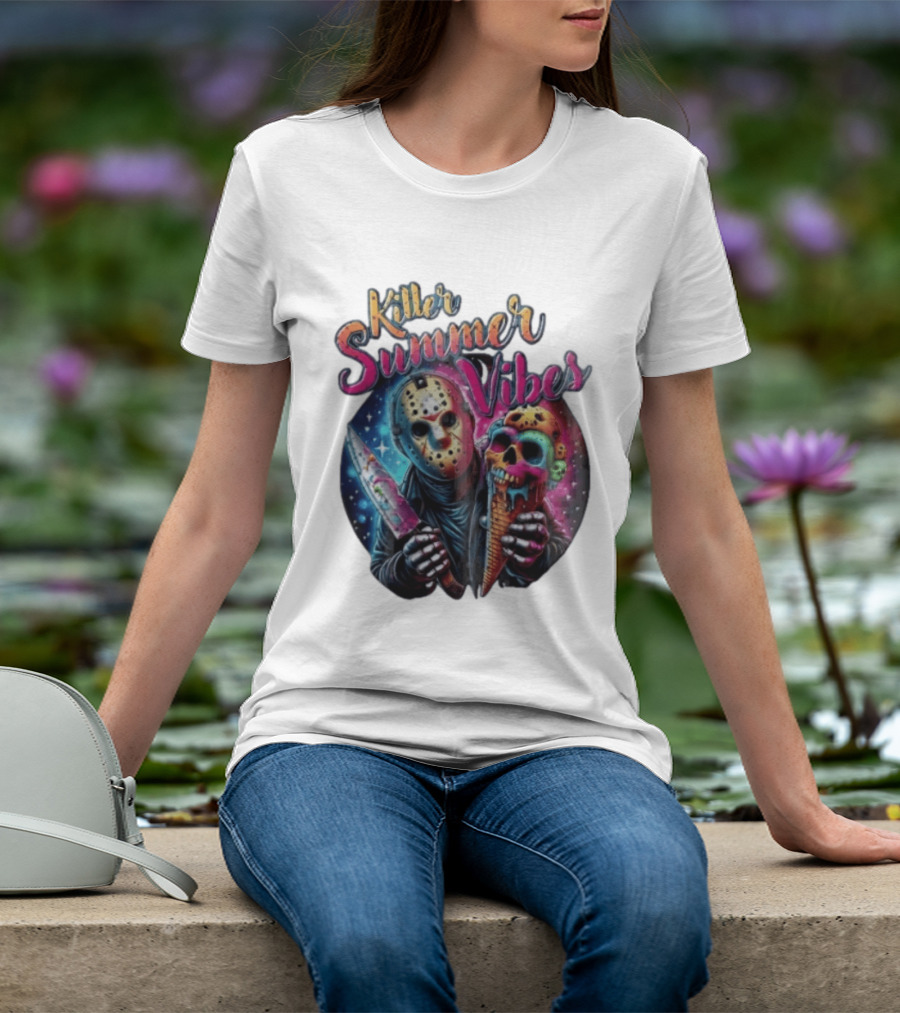 Killer Summer Vibes Hockey Mask Slasher Knife Skull Ice Cream Cone Cosmic T-Shirt
