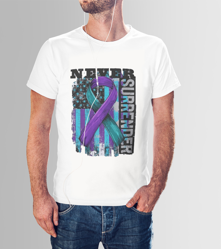 Never Surrender Teal And Purple Awareness Ribbon Distressed Flag T-Shirt