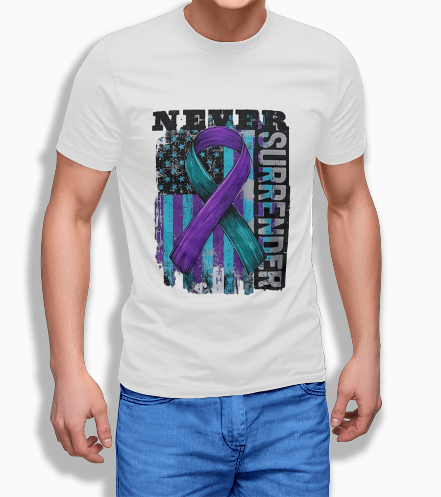 Never Surrender Teal And Purple Awareness Ribbon Distressed Flag T-Shirt