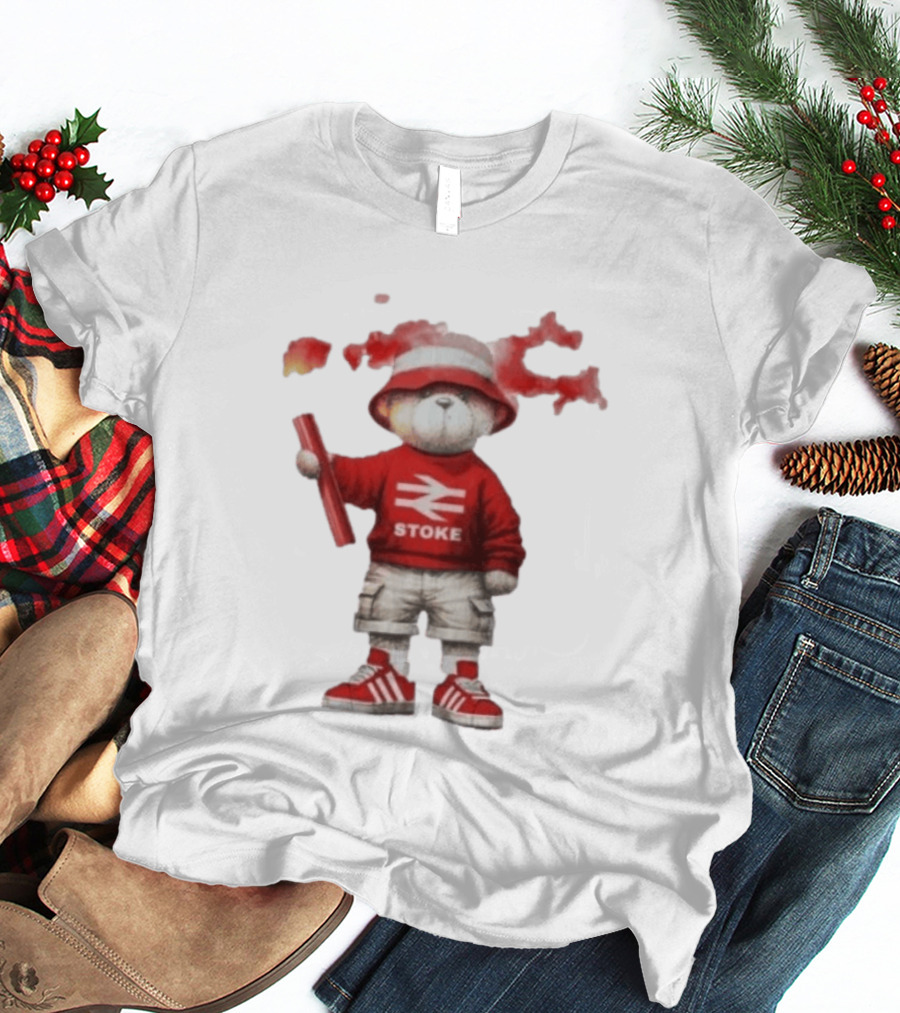 Stoke Awaydays Bear With Flare Football Casuals Railway Logo Bucket Hat Red Sneakers T-Shirt