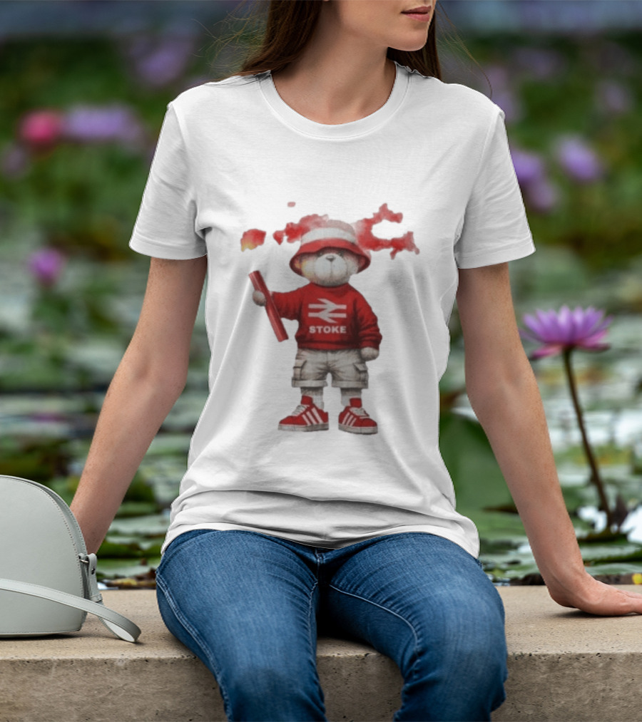 Stoke Awaydays Bear With Flare Football Casuals Railway Logo Bucket Hat Red Sneakers T-Shirt
