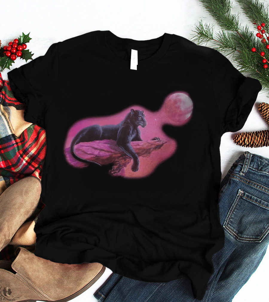 Black Panther On Rock With Pink Moonlit Night Sky T-Shirt