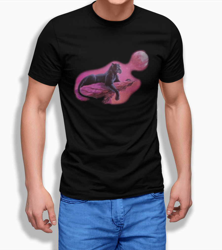 Black Panther On Rock With Pink Moonlit Night Sky T-Shirt