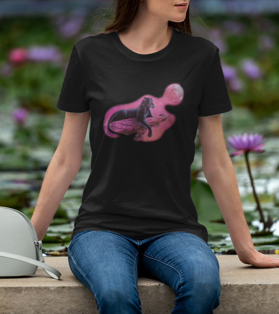 Black Panther On Rock With Pink Moonlit Night Sky T-Shirt