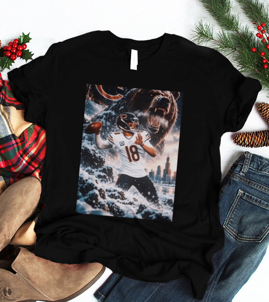 Caleb Williams Chicago Bears Snowy Football Bear Quarterback Number 18 City Skyline T-Shirt
