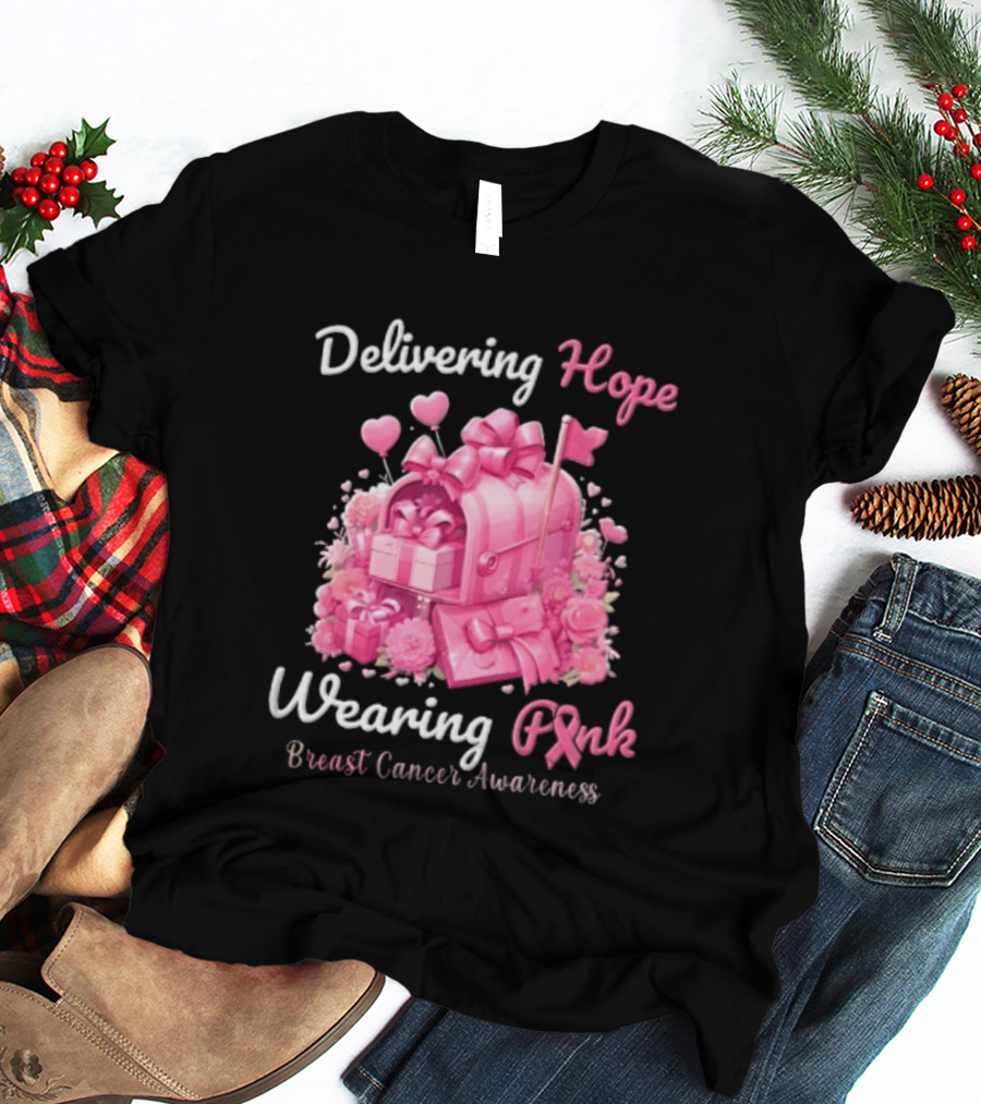 Delivering Hope Wearing Pink Breast Cancer Awareness Mailbox Wrapped Presents Heart Balloons Flowers T-Shirt