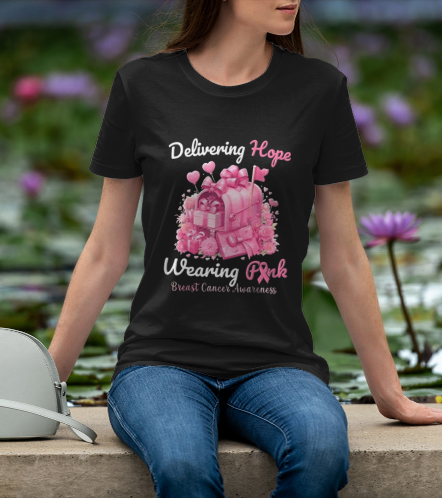 Delivering Hope Wearing Pink Breast Cancer Awareness Mailbox Wrapped Presents Heart Balloons Flowers T-Shirt