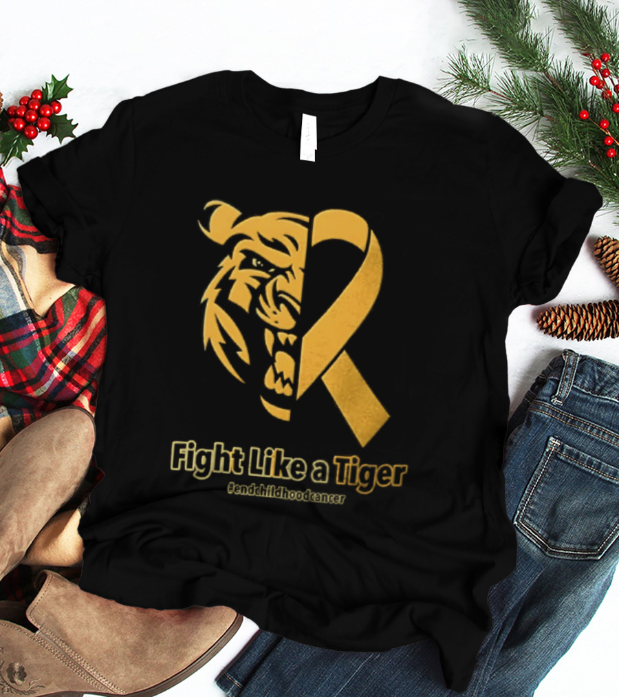 Fight Like A Tiger Childhood Cancer Awareness Gold Ribbon T-Shirt