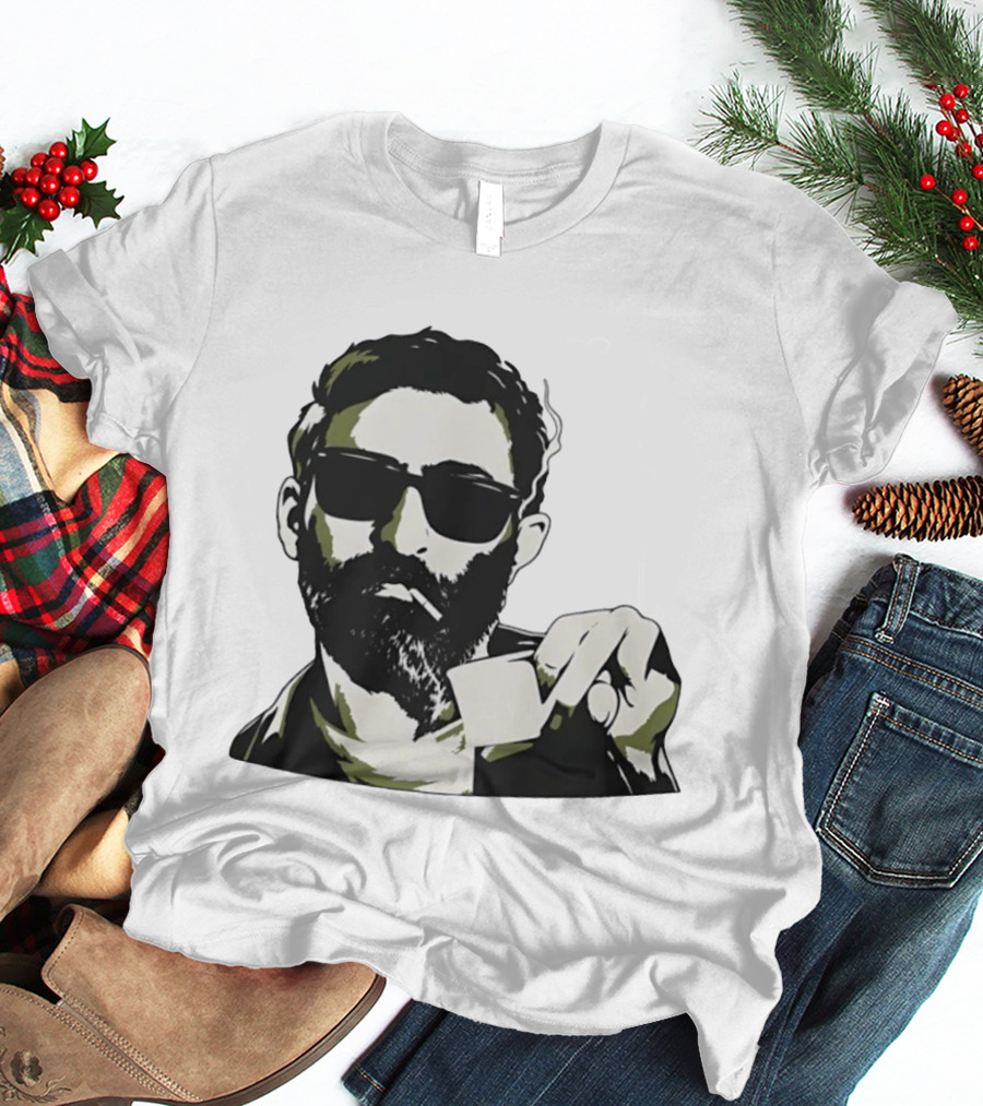 Bearded Man With Sunglasses Smoking Cigarette Holding Blank Card T-Shirt