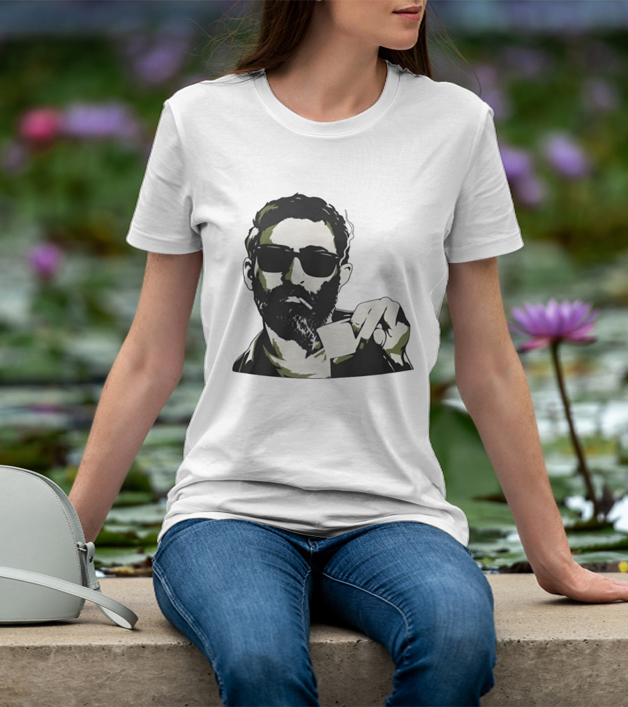 Bearded Man With Sunglasses Smoking Cigarette Holding Blank Card T-Shirt