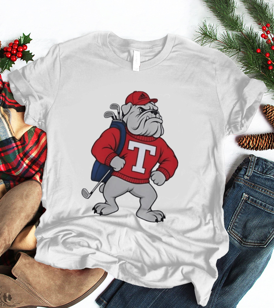 Bulldog Golf Mascot With Letter Sweater And Golf Bag T-Shirt