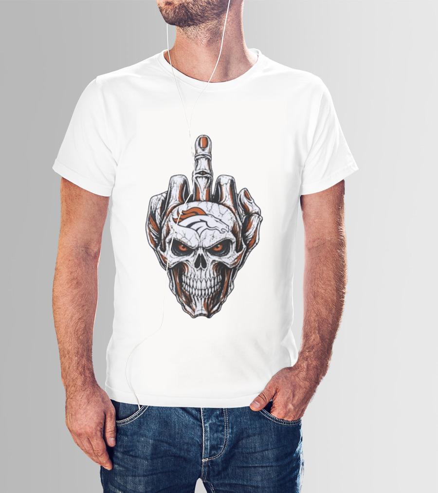 Distressed Denver Broncos Skull With Middle Finger Skeleton Hand T-Shirt