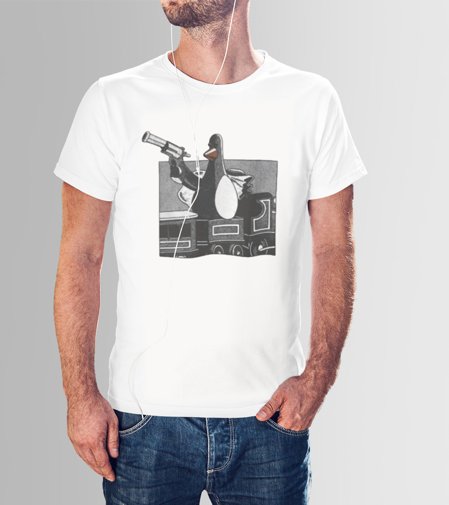 Evil Penguin With Gun On Train Vengeance Most Fowl McGraw T-Shirt