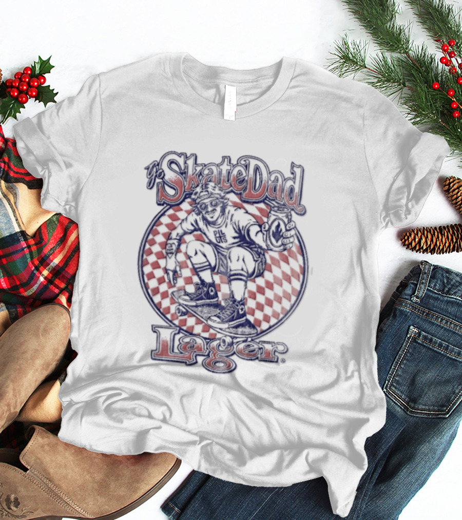 Skate Dad Lager Pils Beer Can Checkerboard Skater Riding T-Shirt