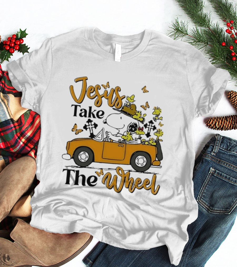 Snoopy Jesus Take The Wheel Butterflies Woodstock Driving Scene T-Shirt