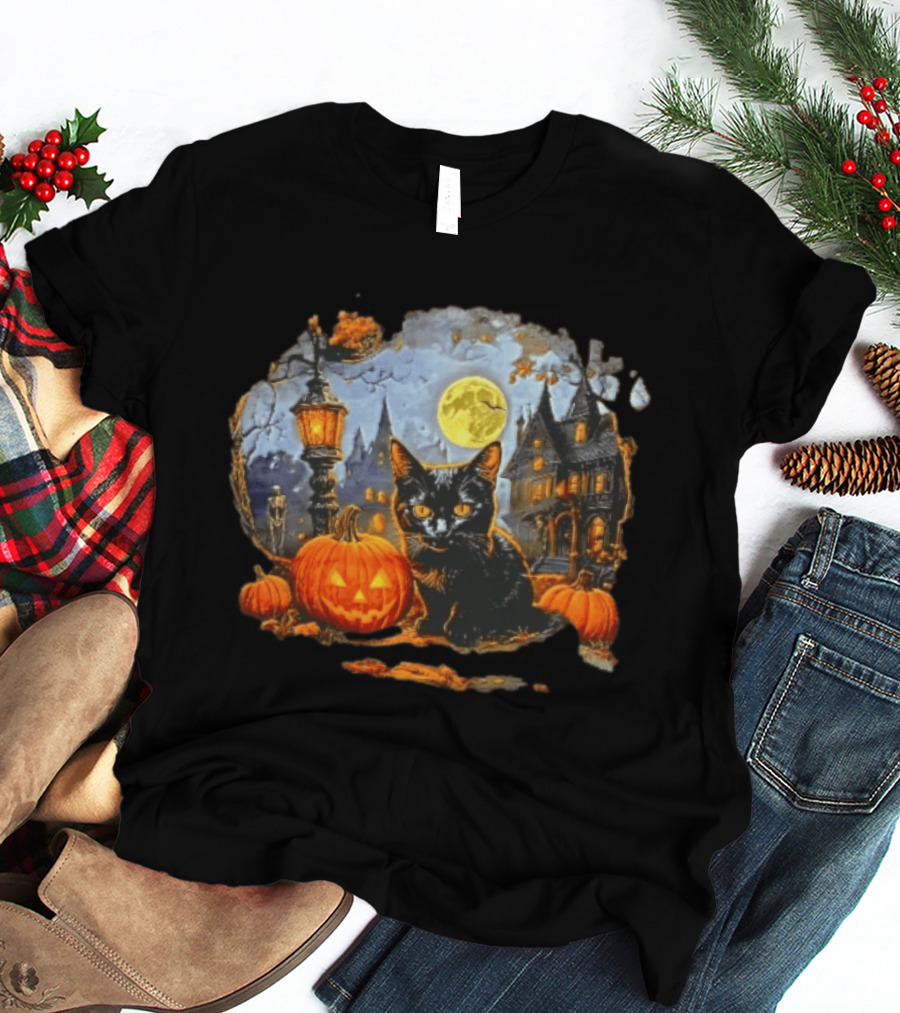 Black Cat Halloween Glowing Jack O' Lantern Haunted Mansion Full Moon Scene T-Shirt