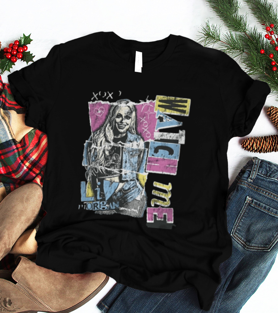 Me Xoxo Liv Morgan Denim Vest Distressed Halftone Torn Paper Collage T-Shirt