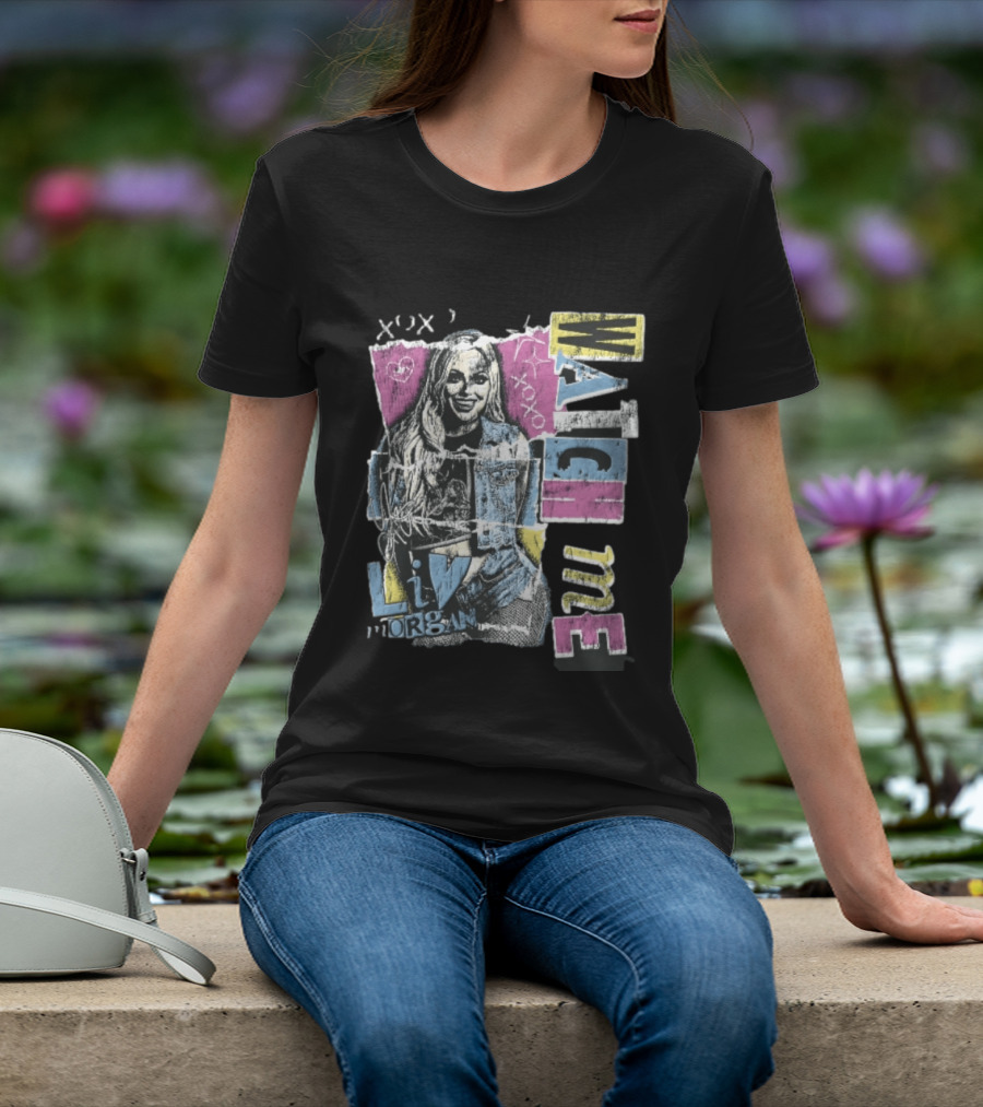 Me Xoxo Liv Morgan Denim Vest Distressed Halftone Torn Paper Collage T-Shirt