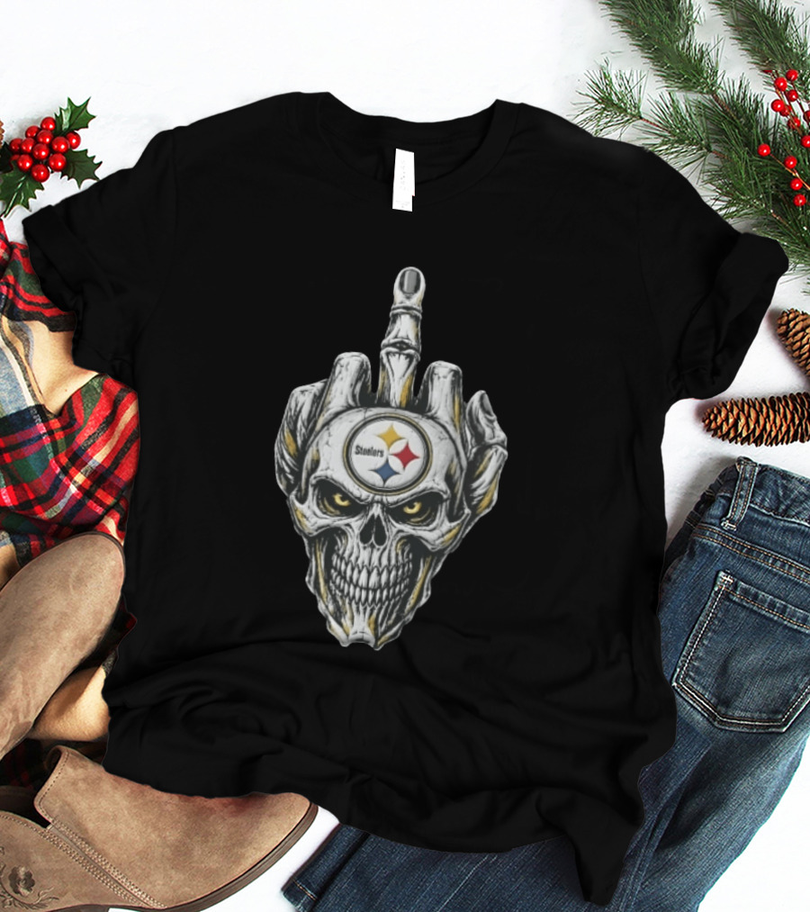 Pittsburgh Steelers Skull Middle Finger Gesture Football Fan T-Shirt
