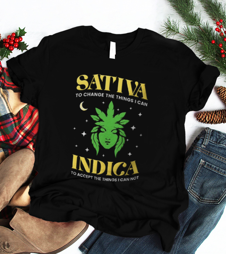 Sativa To Change The Things I Can Indica To Accept The Things I Can Not Moon Stars Cannabis Leaf T-Shirt