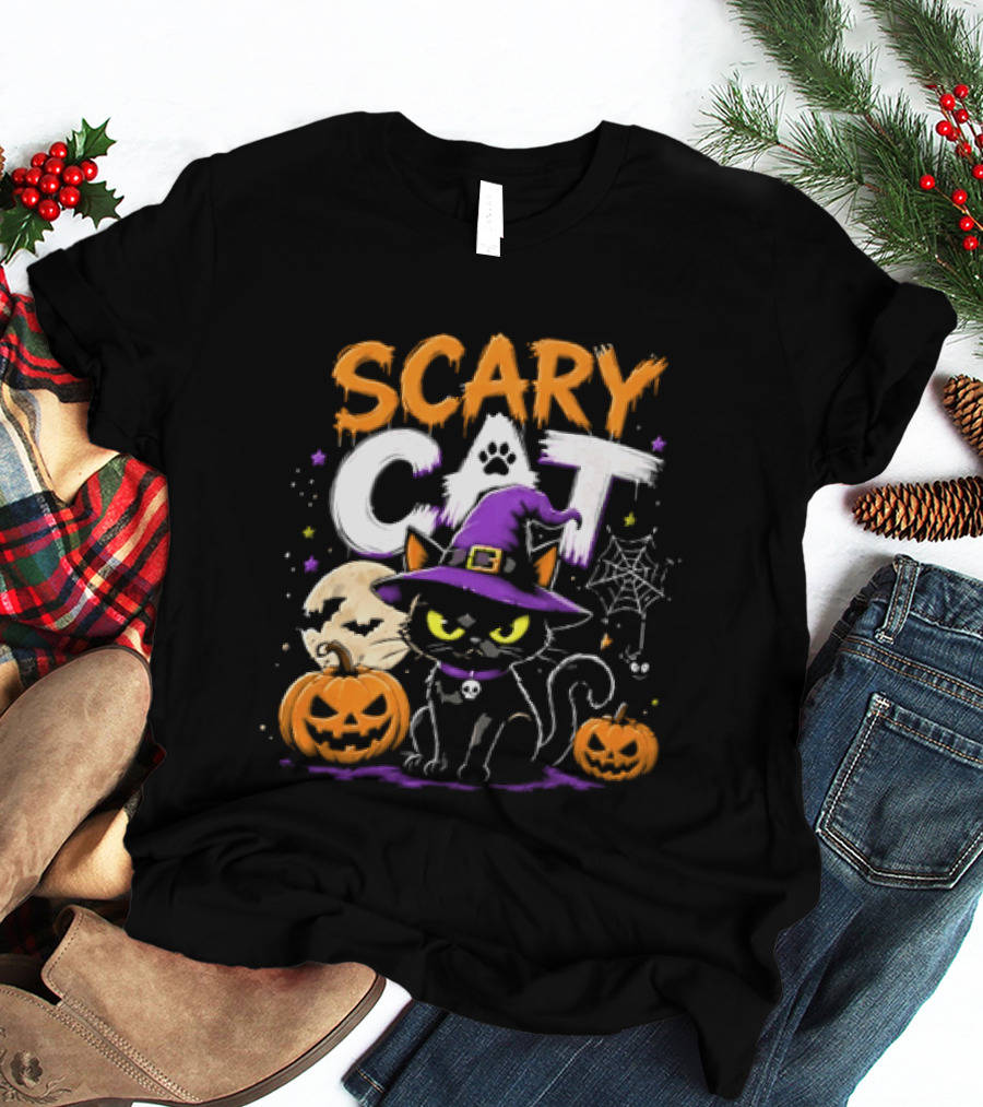 Scary Cat Black Kitten Witch Hat Full Moon Jack O Lanterns Halloween Cartoon T-Shirt
