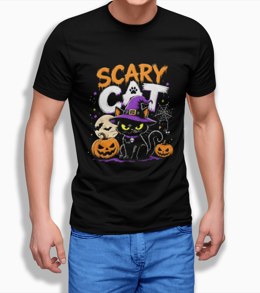 Scary Cat Black Kitten Witch Hat Full Moon Jack O Lanterns Halloween Cartoon T-Shirt