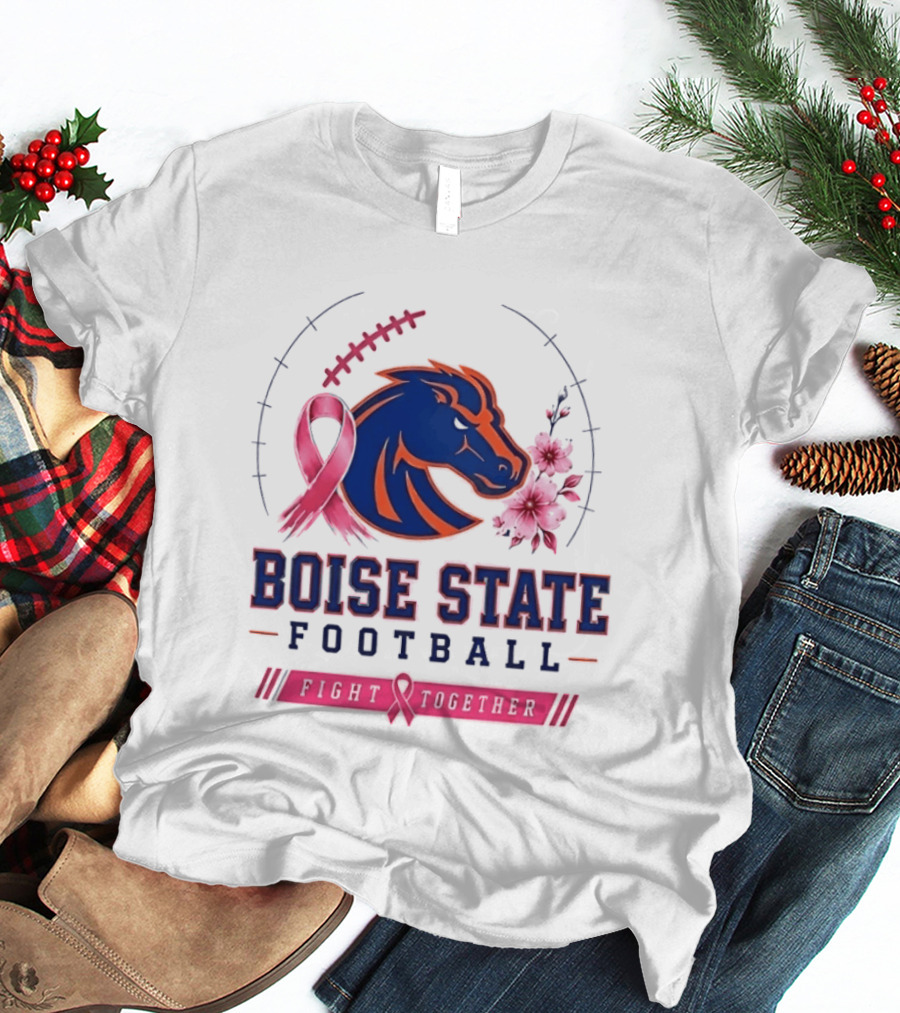 Boise State Broncos Football Fight Together Breast Cancer Awareness Pink Ribbon Flowers T-Shirt