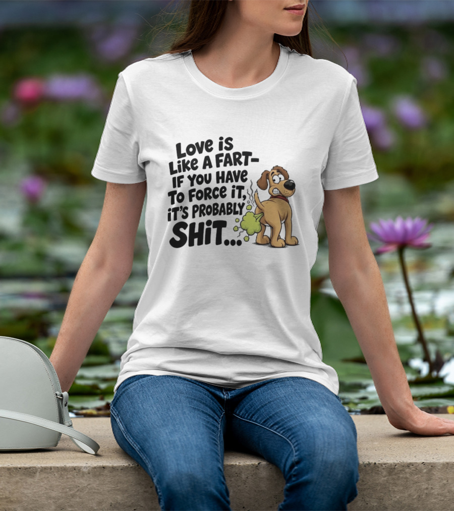 Love Is Like A Fart If You Have To Force It It's Probably Shit Dog Farting Humor T-Shirt