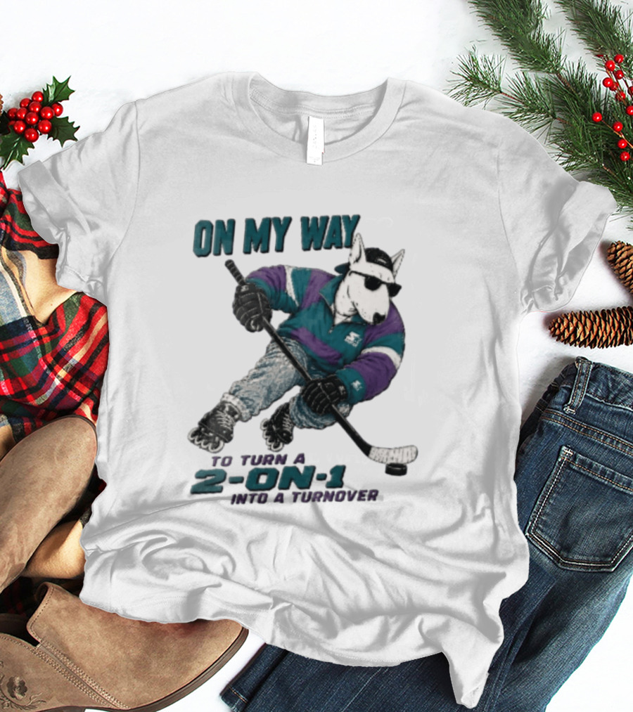 On My Way To Turn A 2 On 1 Into A Turnover Cartoon Bull Terrier Rollerblading Hockey Puck T-Shirt