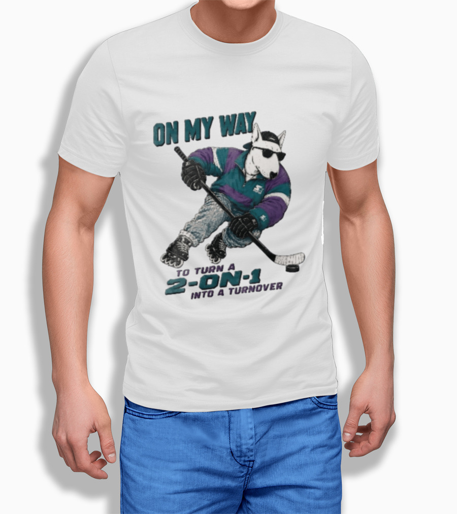 On My Way To Turn A 2 On 1 Into A Turnover Cartoon Bull Terrier Rollerblading Hockey Puck T-Shirt