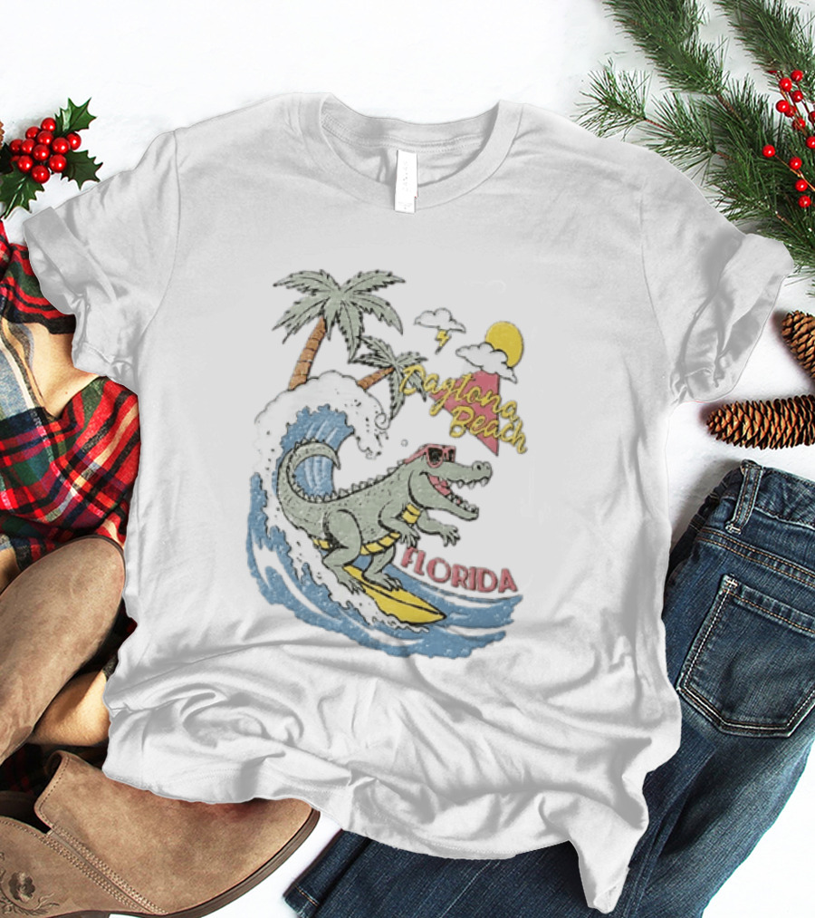 Daytona Beach Florida Surfing Alligator With Palm Trees And Sunglasses T-Shirt