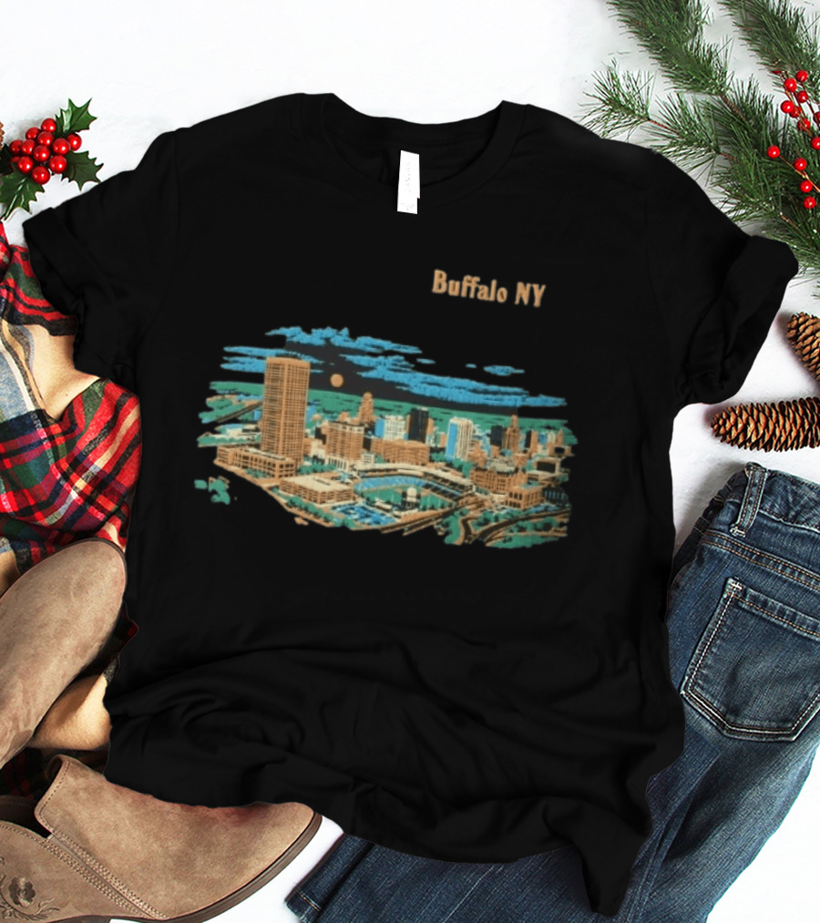 Buffalo NY Skyline Cityscape Illustration With Moonlit Clouds T-Shirt