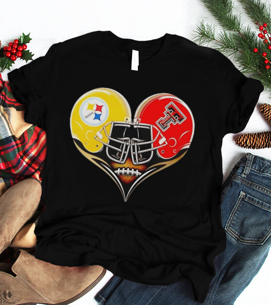 Pittsburgh Steelers Texas Tech Red Raiders Football Helmets Heart T-Shirt