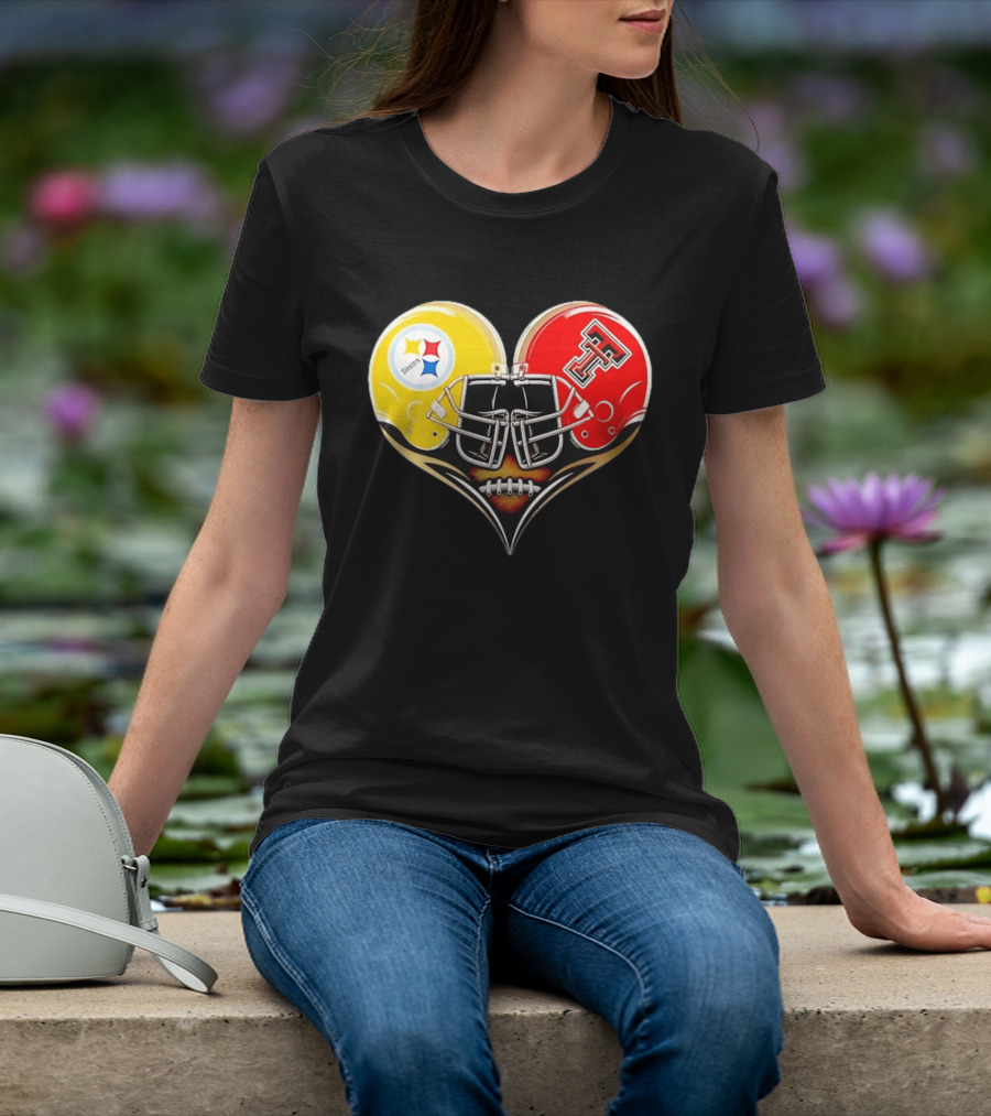 Pittsburgh Steelers Texas Tech Red Raiders Football Helmets Heart T-Shirt