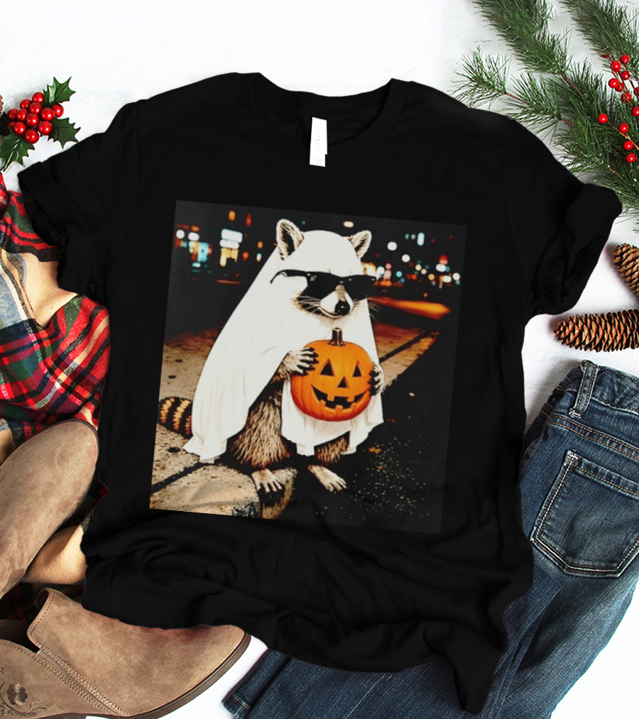 Raccoon Ghost Sunglasses Pumpkin Halloween Street Scene T-Shirt