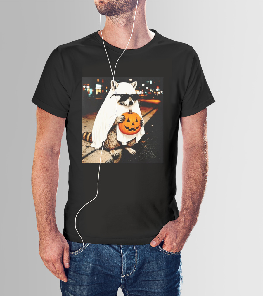Raccoon Ghost Sunglasses Pumpkin Halloween Street Scene T-Shirt