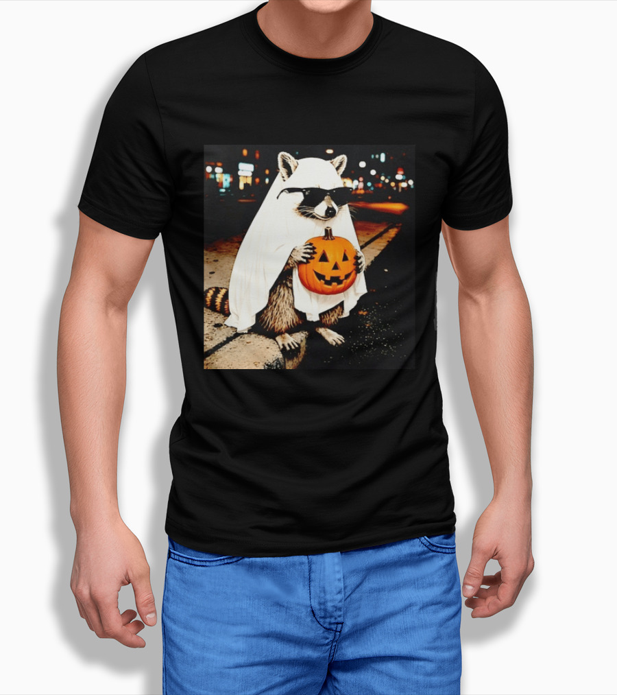 Raccoon Ghost Sunglasses Pumpkin Halloween Street Scene T-Shirt