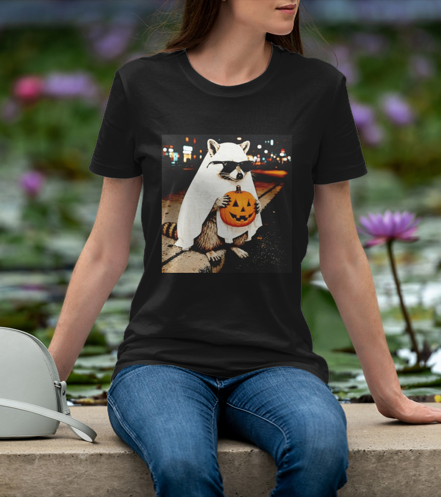Raccoon Ghost Sunglasses Pumpkin Halloween Street Scene T-Shirt