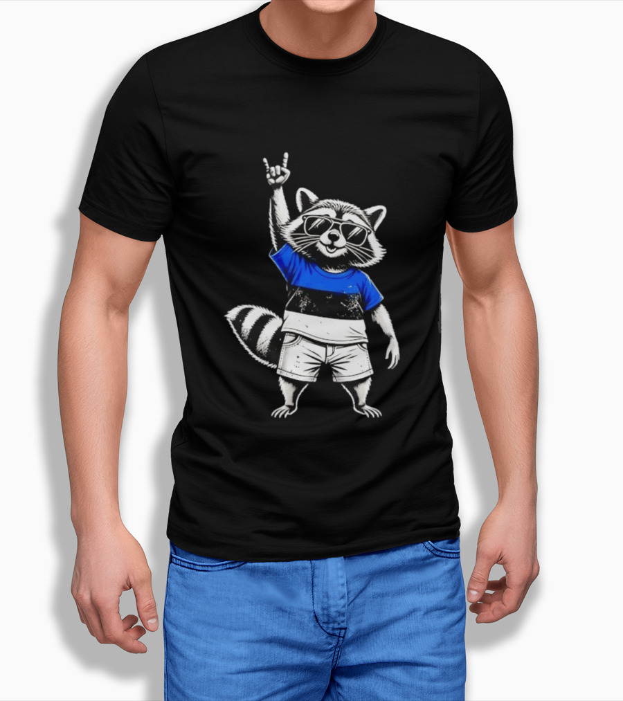 Rocking Raccoon Estonia Flag Style With Sunglasses And Hand Gesture T-Shirt