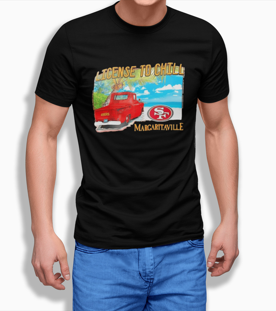 San Francisco 49ers License To Chill Margaritaville Beach Scene Vintage Truck T-Shirt