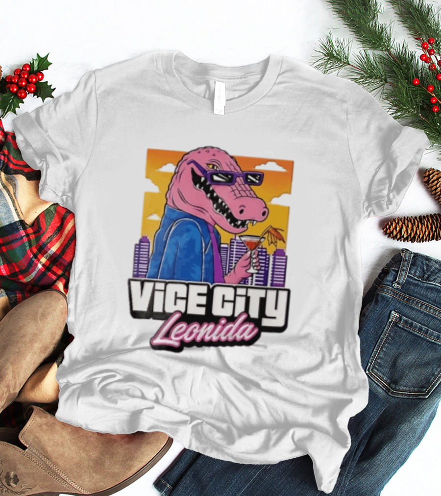 Vice City Leonida Pink Alligator Sunglasses Cocktail Cityscape T-Shirt