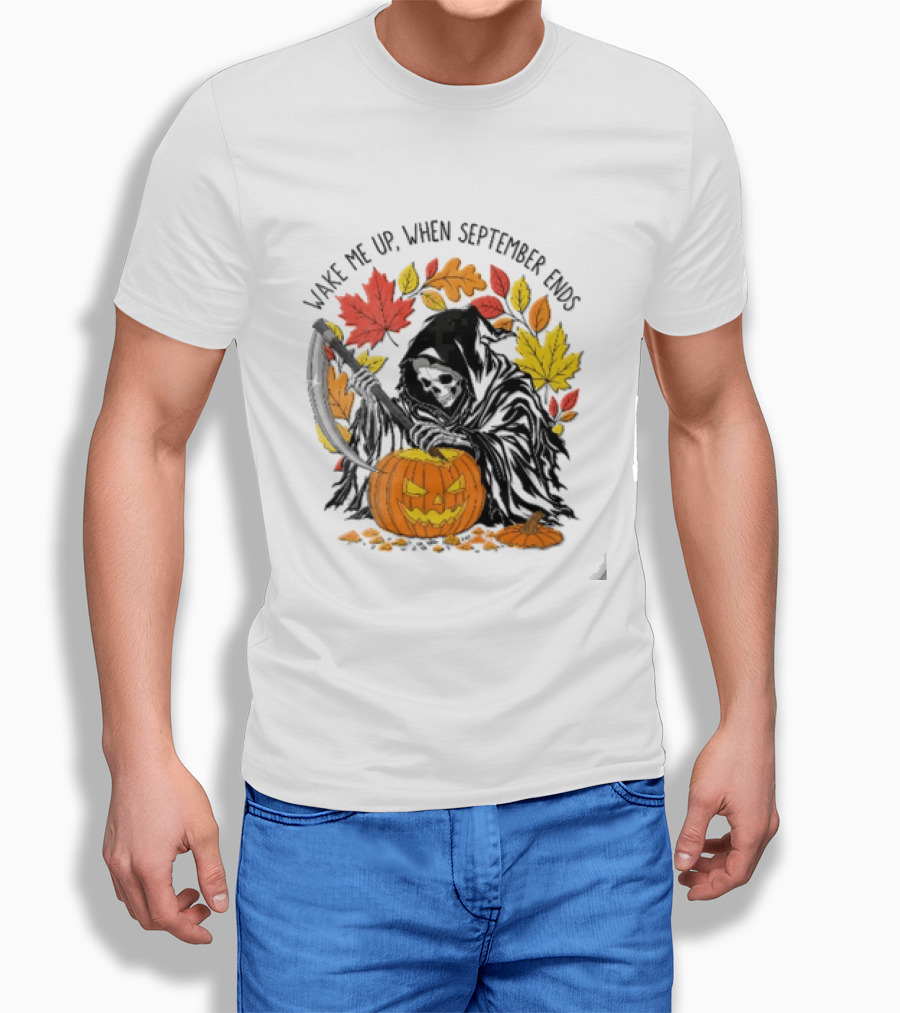 Wake Me Up When September Ends Grim Reaper Carving Jack O Lantern Autumn Leaves T-Shirt